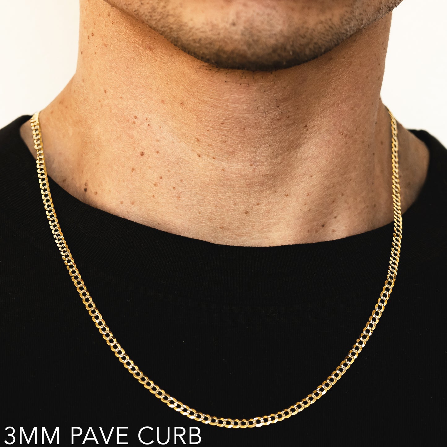 14K 3MM YELLOW GOLD SOLID PAVE CURB CHAIN NECKLACE (AVAILABLE IN LENGTHS 7" - 30")